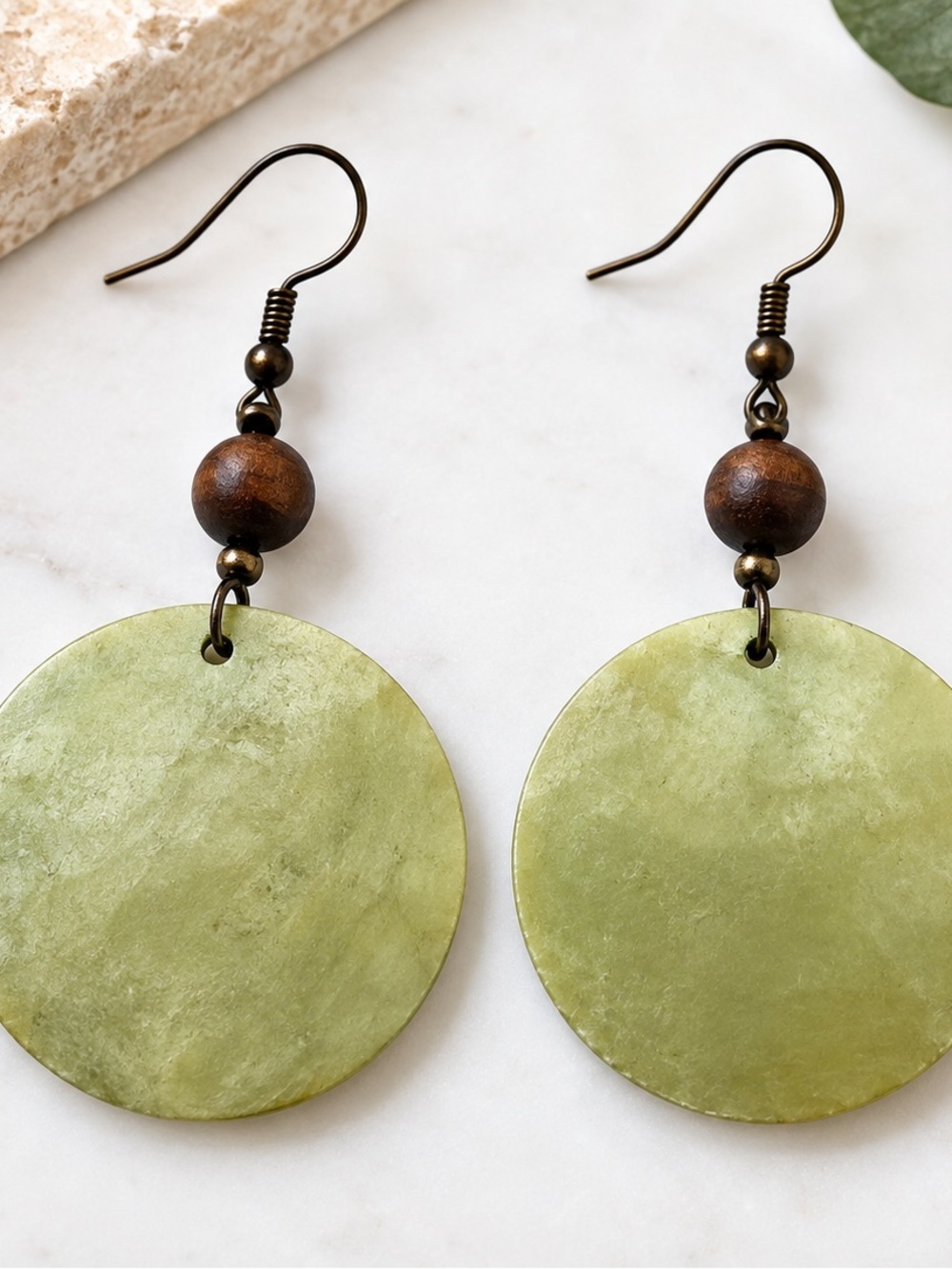 Large Olive Green Round Disc Dangle Earrings Brown Bead Boho Statement